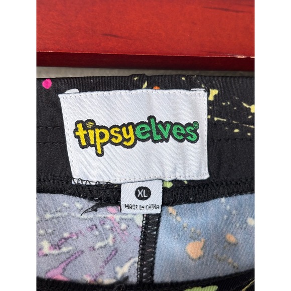 Tipsy Elves XL Black Paint Splatter Leggings Women's Yoga Pants Holiday Rainbow - Picture 2 of 8